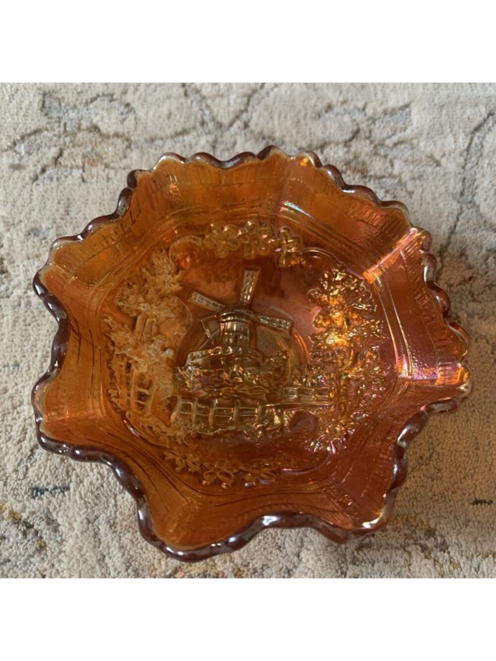 Vintage Imperial Windmill Marigold Carnival Glass Ruffled Bowl Iridescent